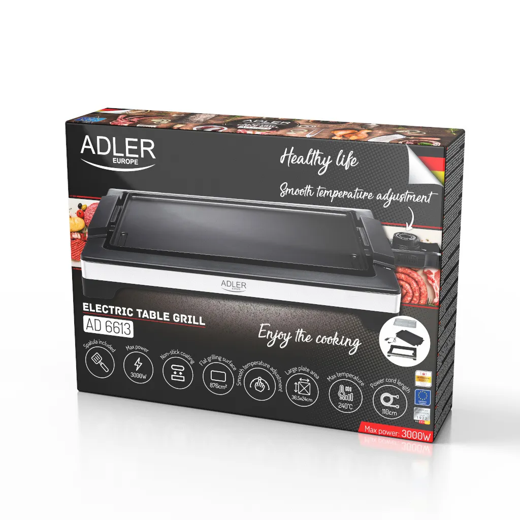 Gril de Table Électrique Adler AD 6613 Noir 3000W Surface Antiadhésive