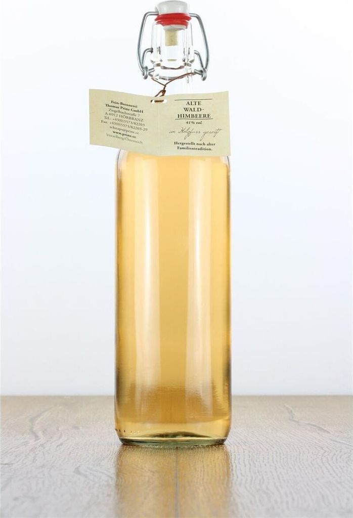 A clear studio shot of a bottle of Prinz Alte Wald-Himbeere liqueur.