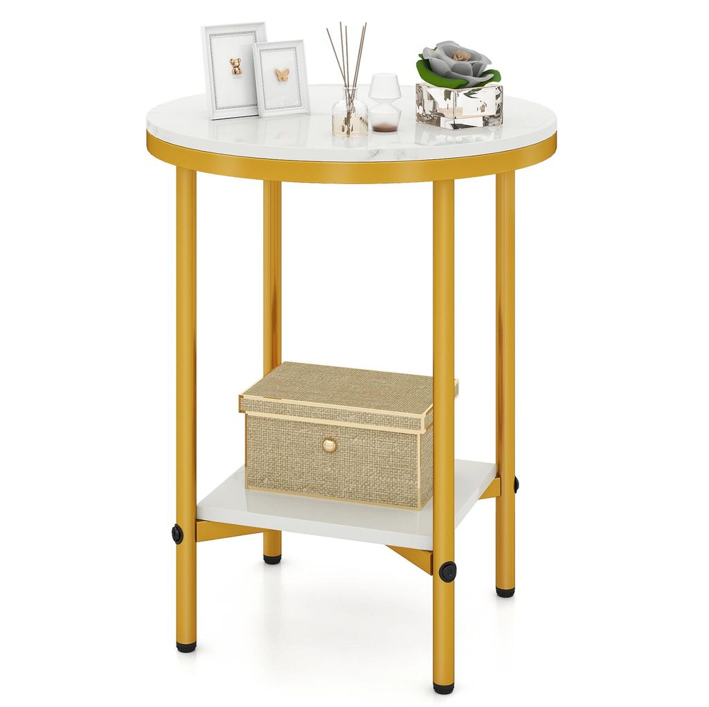 A round side table with a marble-look top and a lower shelf, displayed on a white background.
