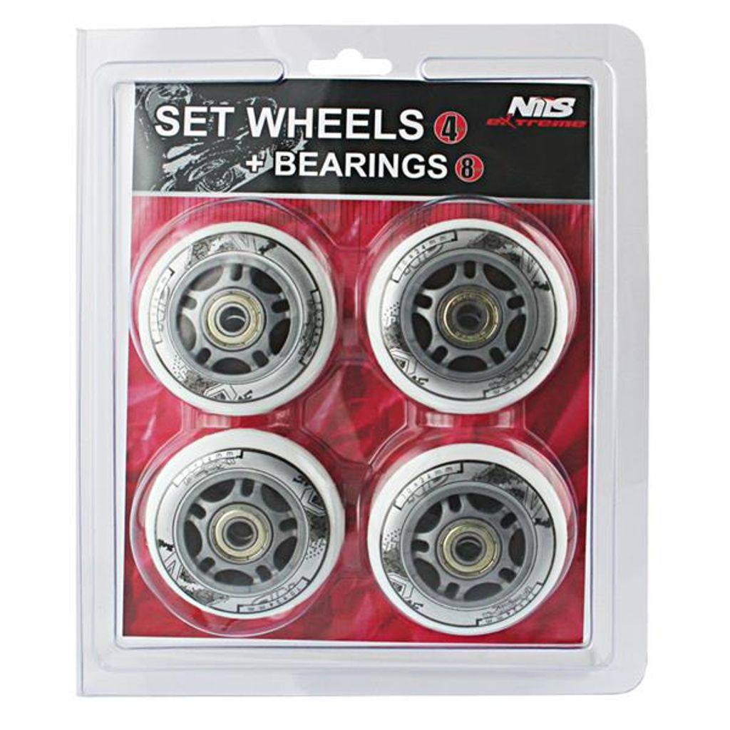 Nils Extreme Set Ruote In Linea PU 64mm/82A - 4 Ruote + 8 Cuscinetti ABEC9, Colore Nero, Per Pattini Fitness