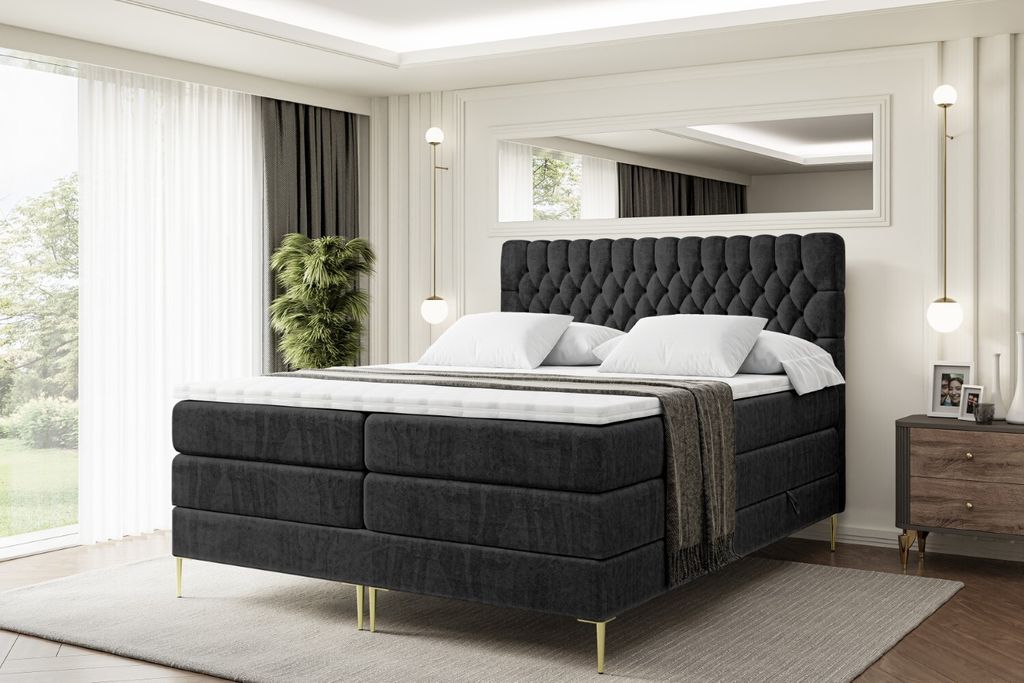 ALTDECOR Boxspringbett mit Gold Füßen, Matratze und Lattenrost, Topper, Polsterbett mit Bettkasten, Bett mit Stauraum H3- und H4- Matratze, Doppe...
