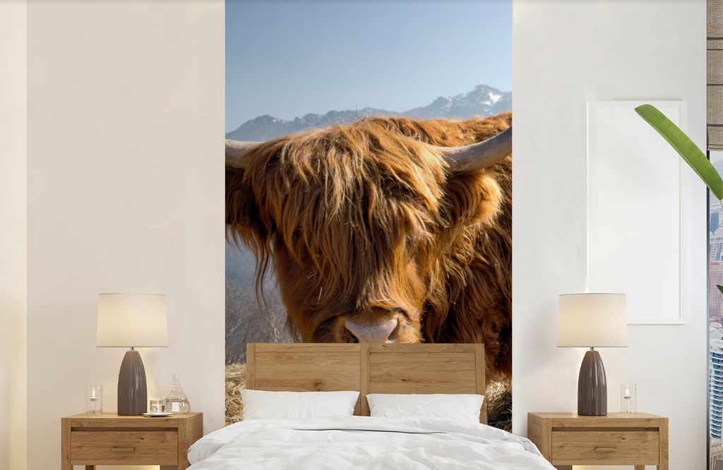 MuchoWow Fototapete für Wohnzimmer oder Schlafzimmer Wandtapete Vinyl Motivtapete Schottischer Highlander - Berg - Schnee - 120x240 cm - Hinterg...
