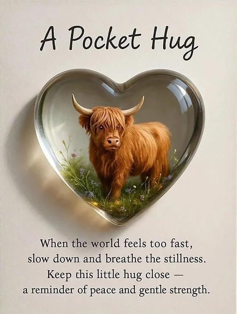 Highland Cow Pocket Hug Mini-Herz-Anhänger in Form einer Highland-Kuh mit inspirierender Karte – ein herzliches Geschenk zur emotionalen Unterst...
