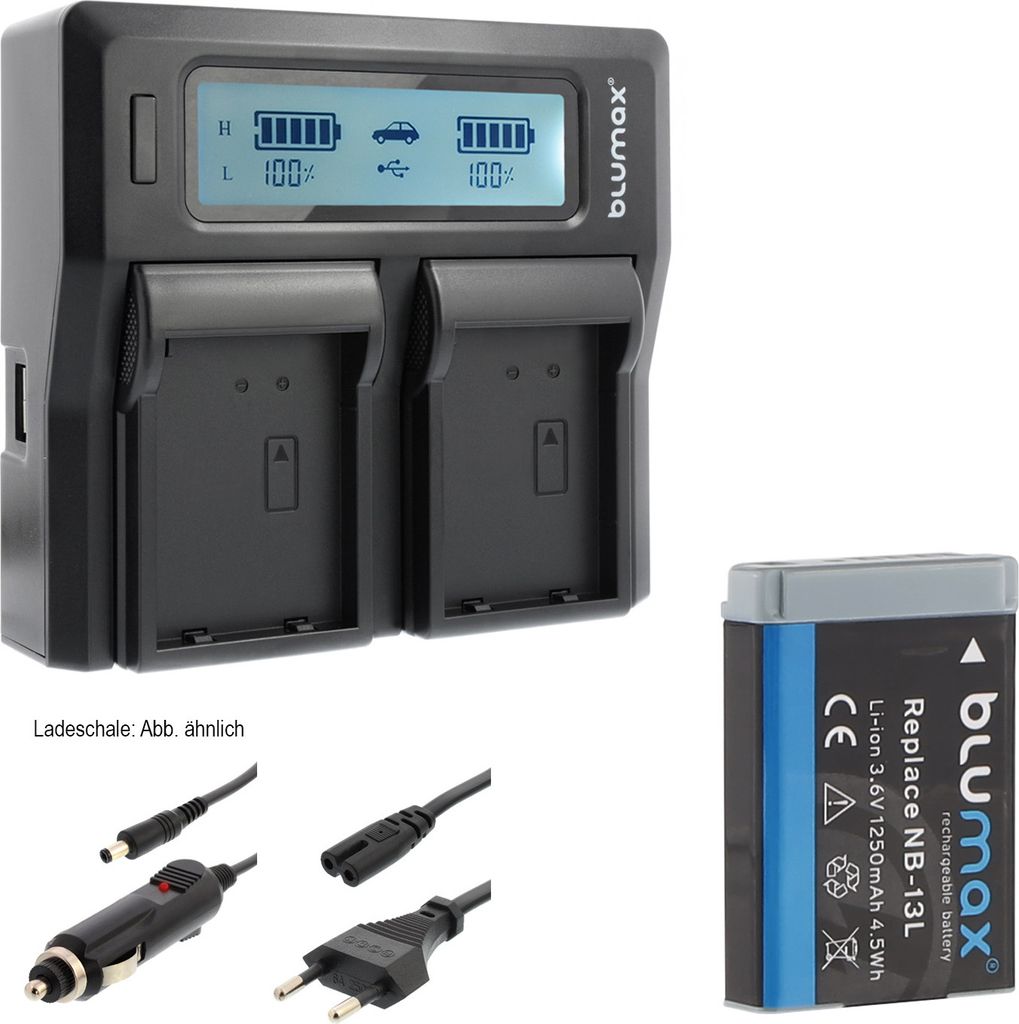 1x Akku + Lader für Canon NB-13L PowerShot SX730HS, SX740HS 1250 mAh (3,6V)