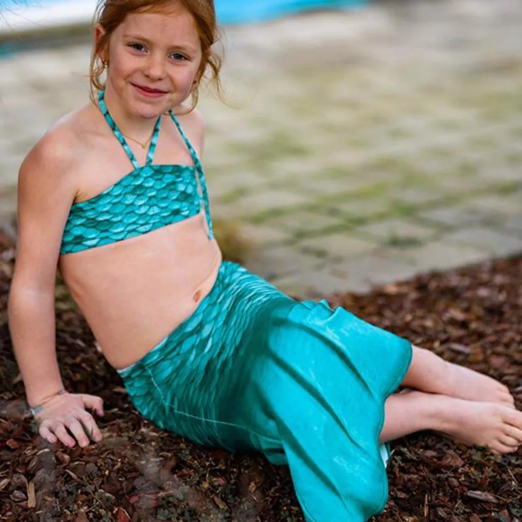 Queue de sirène turquoise pour enfant XS et sa monopalme souple intégrée