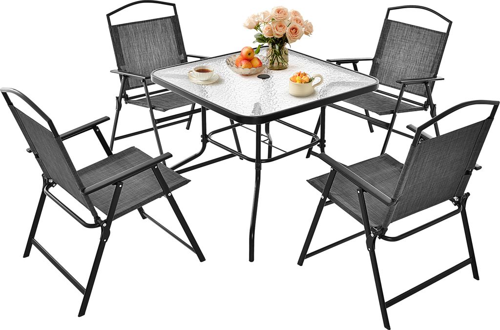 GOPLUS 5 TLG. Gartenmöbel Set, Balkonmöbel inkl. 4 Klappstühlen & Glastisch mit 4cm Schirmloch, Gartengarnitur für 4 Personen, Sitzgruppe Outdo...