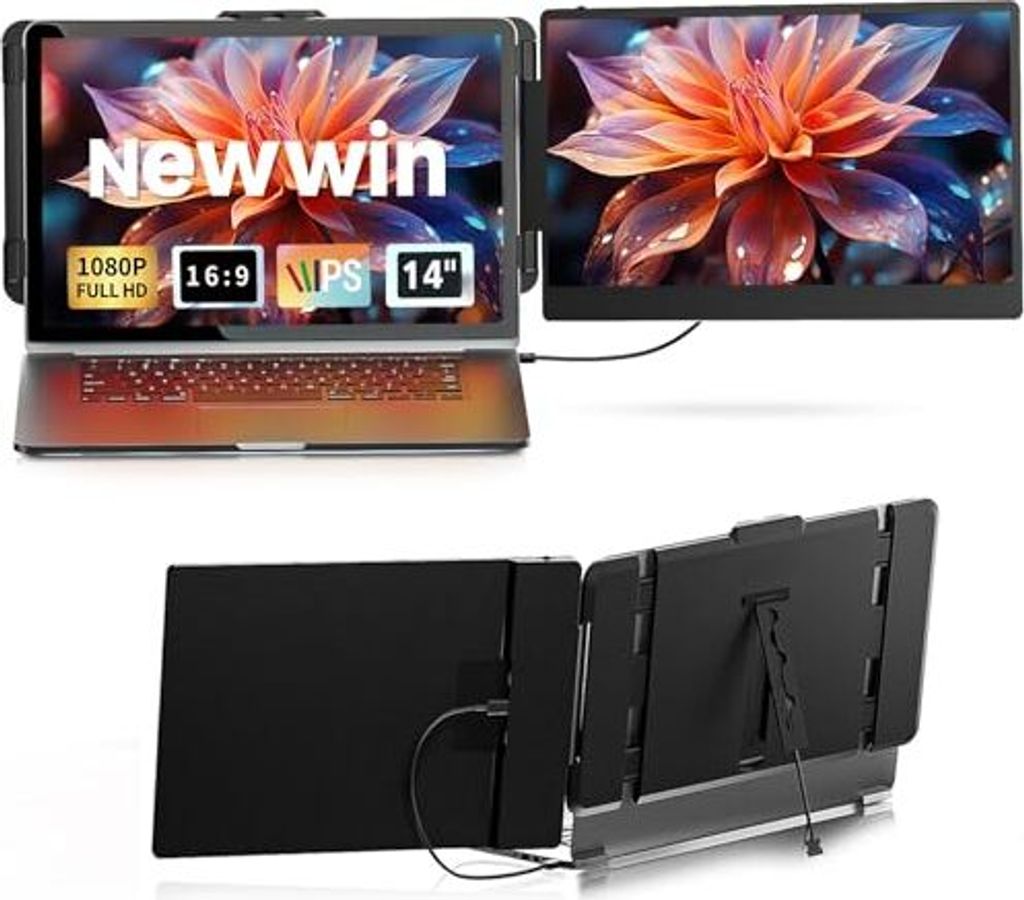 Newwin Laptop Bildschirm Erweiterung - 14’’ FHD 1080P IPS Tragbarer Screen Monitor Extender Kompatibel mit 13"-17" für Windows Mac Chrome Switch
