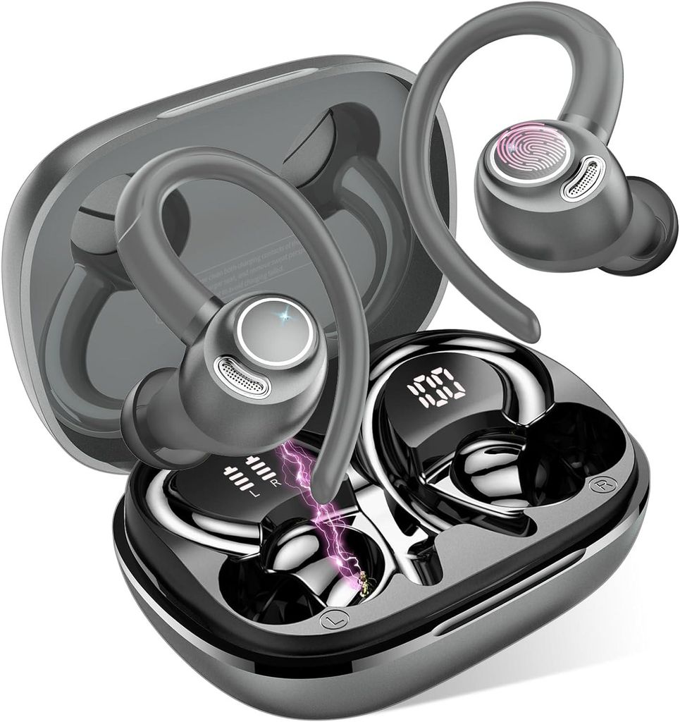 Bluetooth 5.3 Sport Kopfhörer mit Ohrbügel, 40H Spielzeit, HD Mikrofon, Dual LED Display, IP7 Wasserschutz, Komfort In-Ear Headset