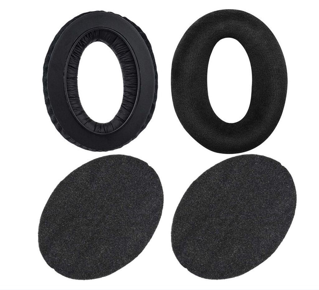 Four headphone ear pads are displayed against a white background.