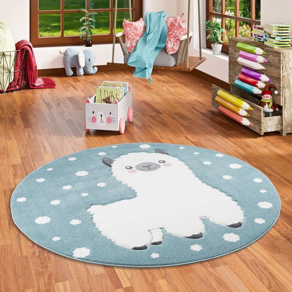 Kinder Teppich Maui Kids Alpaka Pastell Blau Rund, Größe:200 cm Rund
