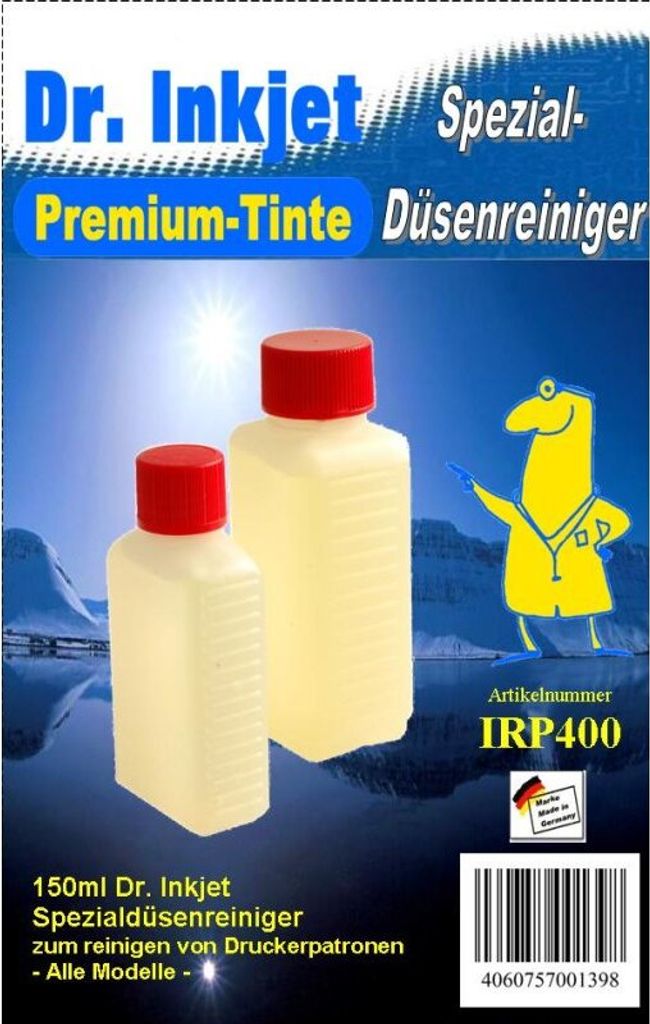 A marketing image for Dr. Inkjet cleaning fluid, featuring two bottles and a cartoon doctor character.