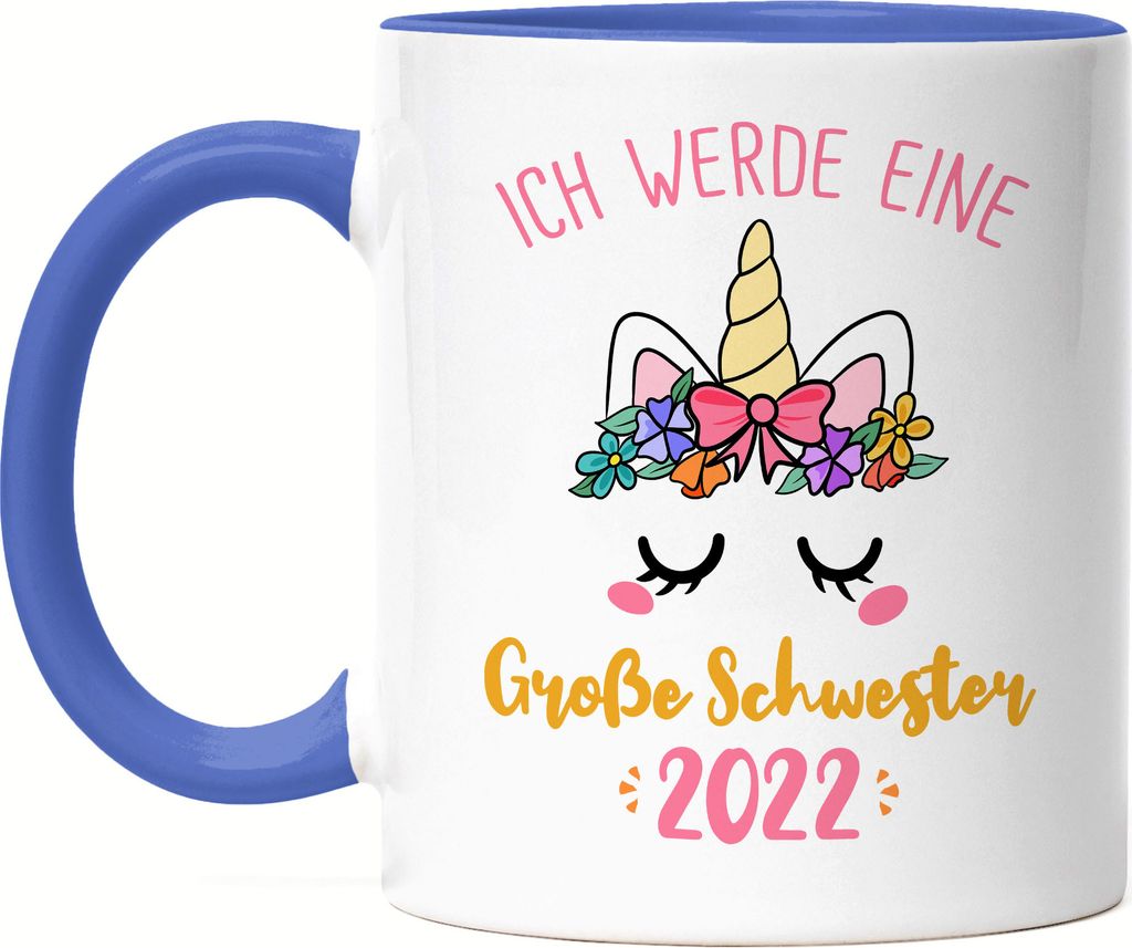 Ich werde Große Schwester 2022 Tasse Blau Schwangerschaft Verkündung Geburt Big Sister Geschenk Einhorn