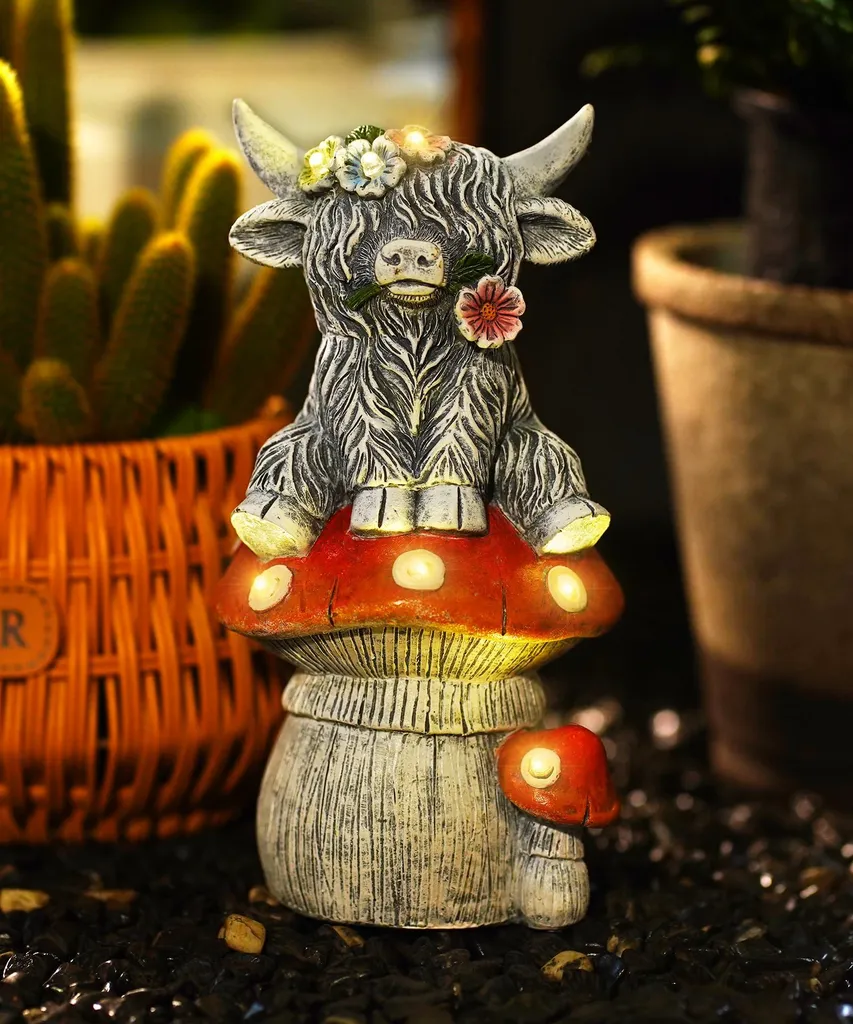 Vache des Highlands Solaire grise en résine déco champignon et fleurs