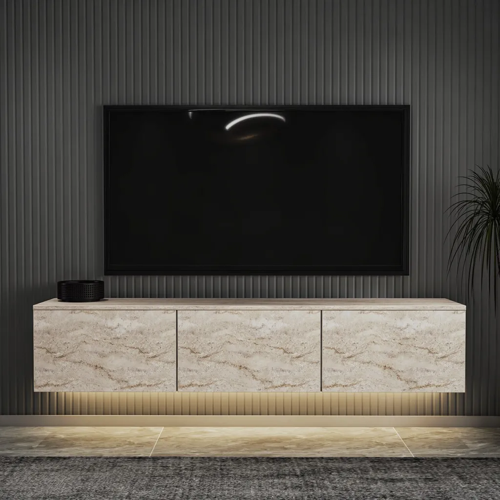 Meuble TV Illuminé en Travertin Naturel 160 cm pour Salon Contemporain