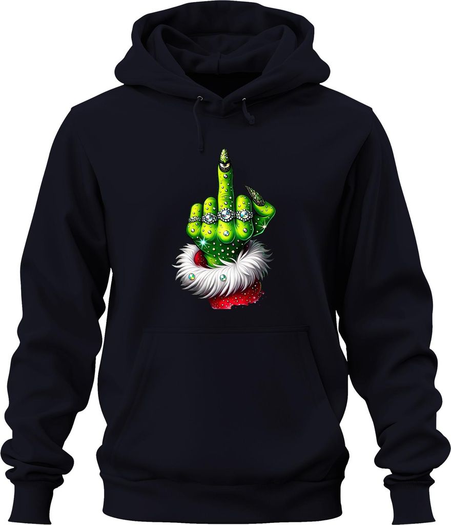 Grinch Mittelfinger Weihnachten frech Geschenk Glitzer Uni Hoodie Kapuzenpullover, Navy, S