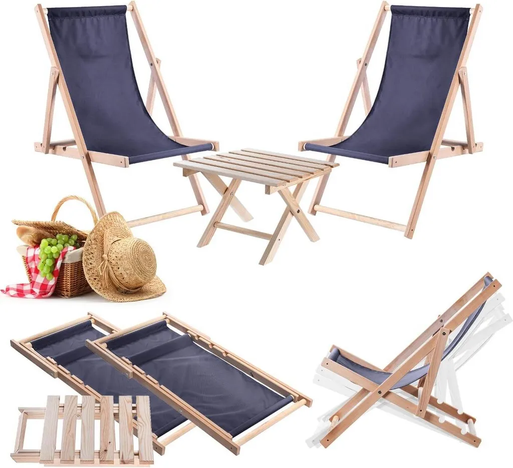 Set Giardino KADAX Blu Navy: 2 Sdraio in Legno e Tavolino da Sogno