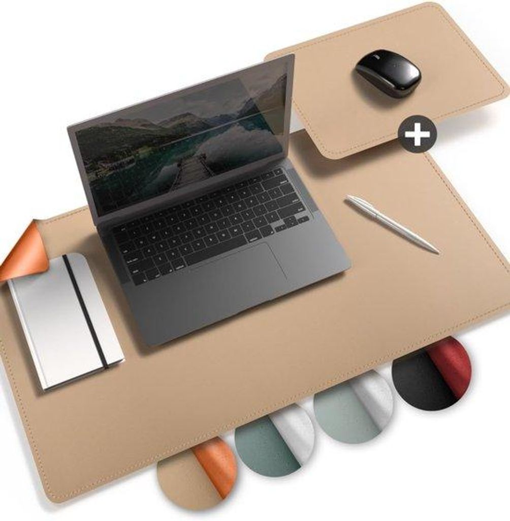 Famanu Schreibtischunterlage 60 x 35 cm - abwaschbar - inkl. XXL Mauspad - für Büro und Homeoffice - doppelseitig (sand-beige/cognac)