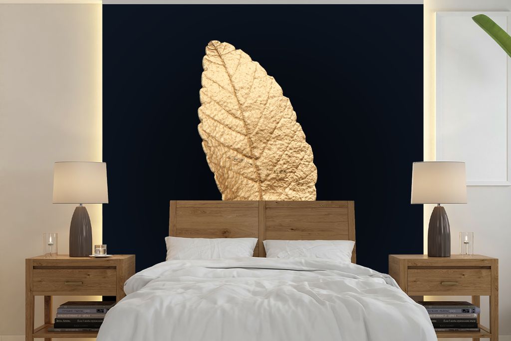 MuchoWow Fototapete für Wohnzimmer oder Schlafzimmer Wandtapete Vinyl Motivtapete Schwarz und Gold - Blätter - Schwarz - Pflanzen - Luxus - 280...