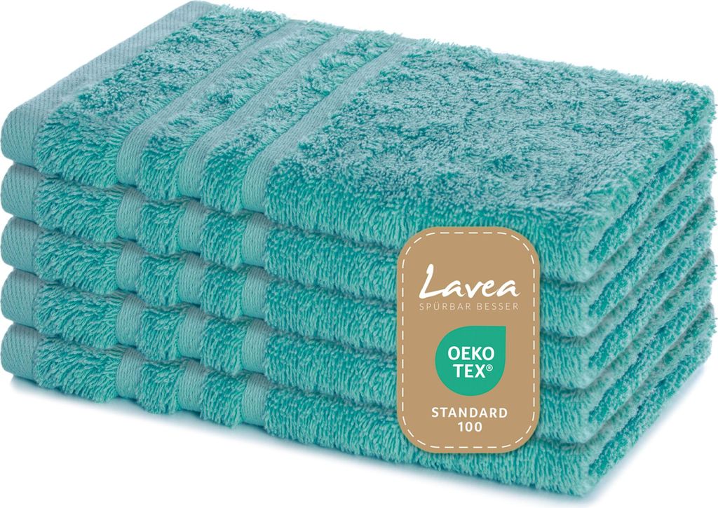 Lavea 5er Set Gästehandtücher 30x50 cm – Weiche und Saugstarke Gästetücher aus 100% Baumwolle, Frottierserie Elena – Türkis