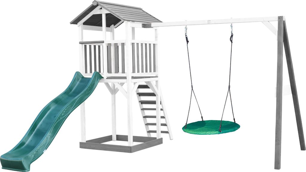 AXI Beach Tower Spielturm aus Holz in Weiß & Grau | Spielhaus für Kinder mit grüner Rutsche, Nestschaukel und Sandkasten | Stelzenhaus für den ...