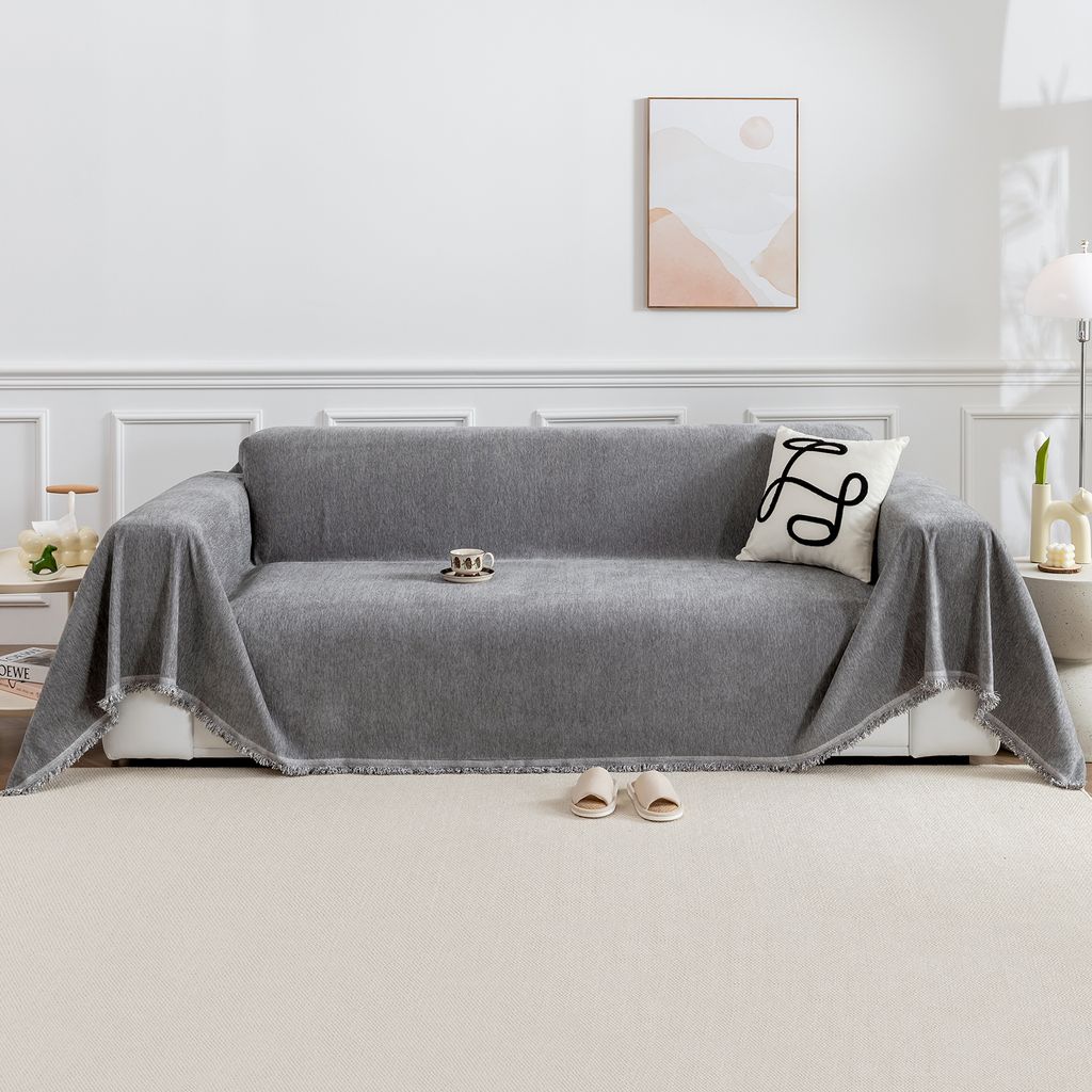 Sofa Überwurfdecke Chenille Sofabezug 1/2/3/4 Sitzer Sofaüberwurf mit Quaste Kuscheldecke Sofaschutz Kratzschutz, Grau, 180×340cm