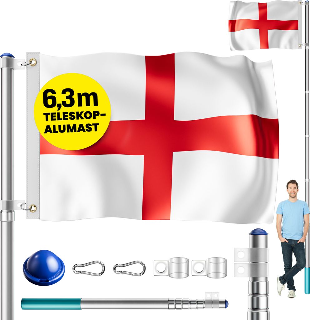 MONZANA Fahnenmast Aluminium Teleskop 630cm Bodenhülse 60cm inkl. Flagge Flaggenmast Mast Flagge Alu, Farbe:UK