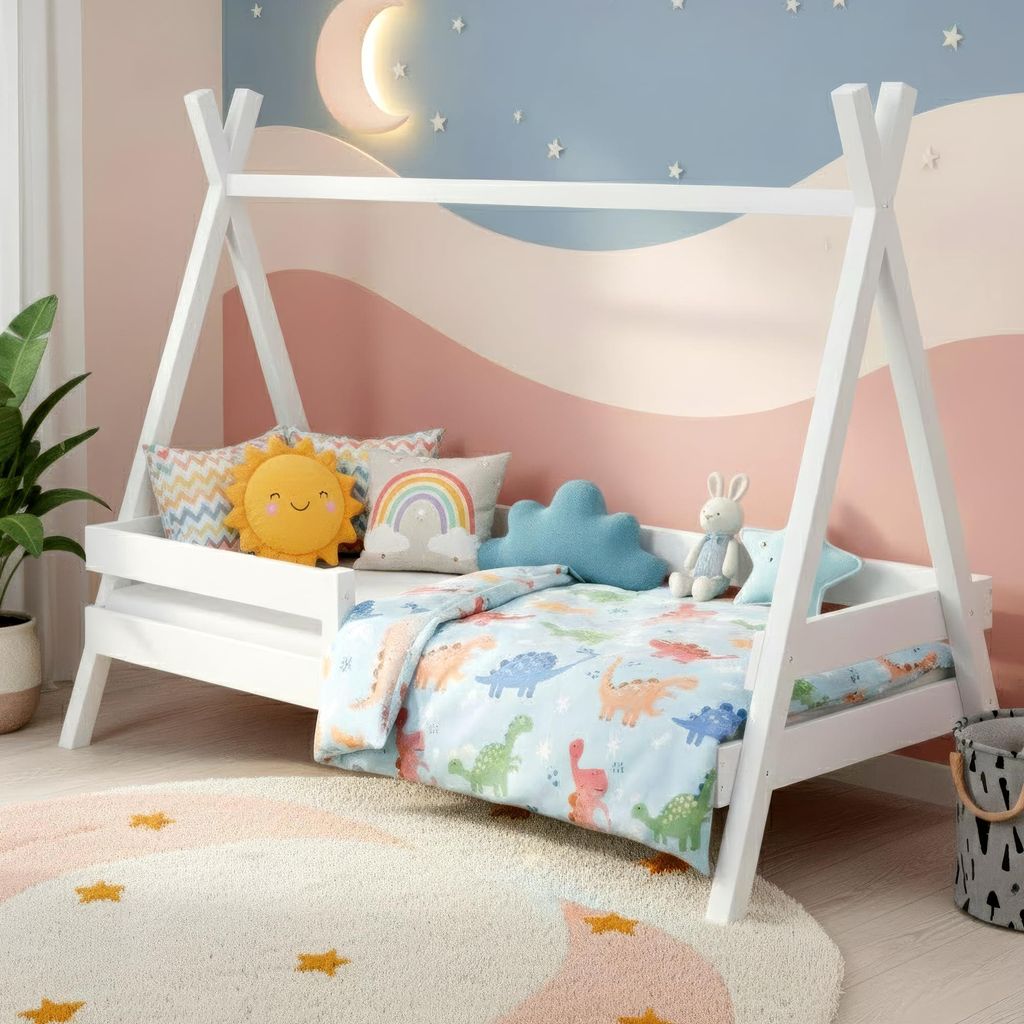 MEBLE WRÓBEL Kinderbett Tipi 90x190 cm in Weiß | Bett aus Kiefernholz | Hausbett für Mädchen und Jungen | Abgerundete Kanten | Montessori | mit...