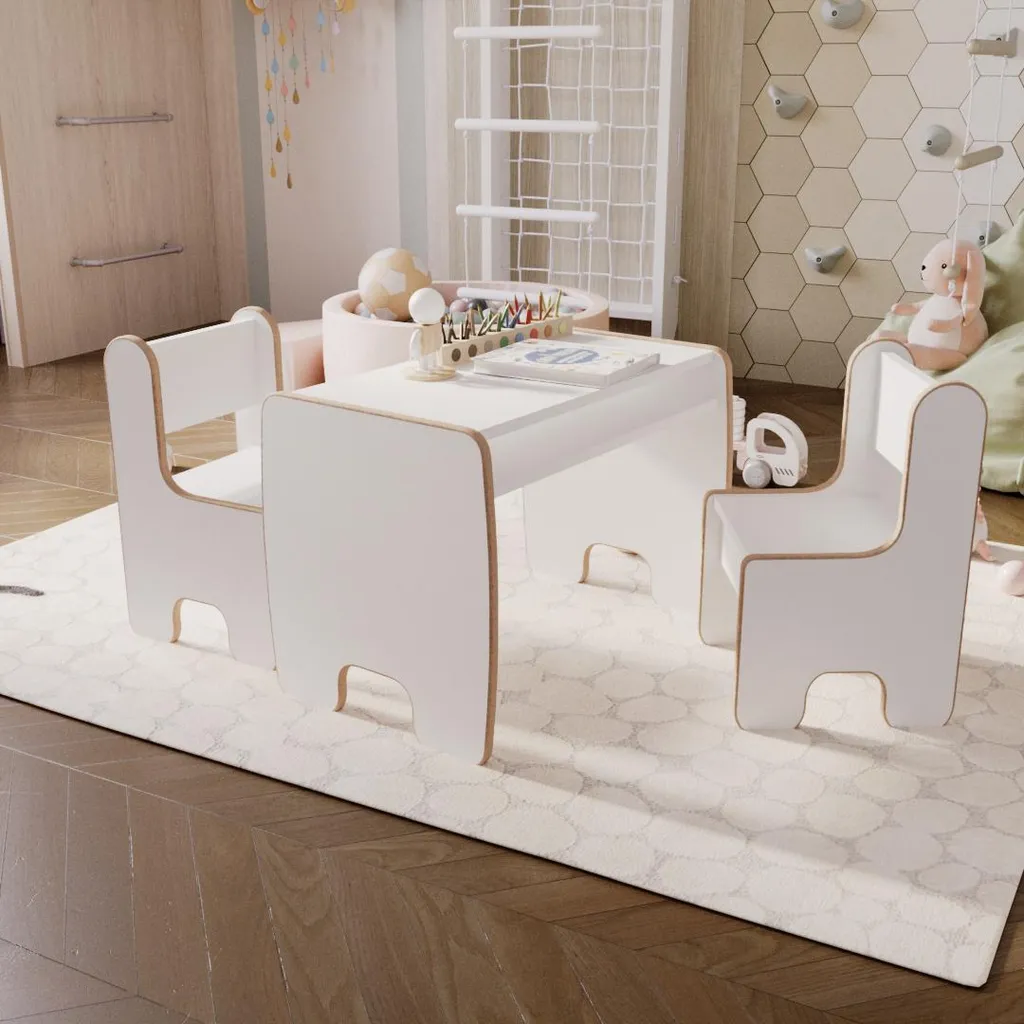 Table enfant et chaises blanches bords arrondis avec rangement pratique