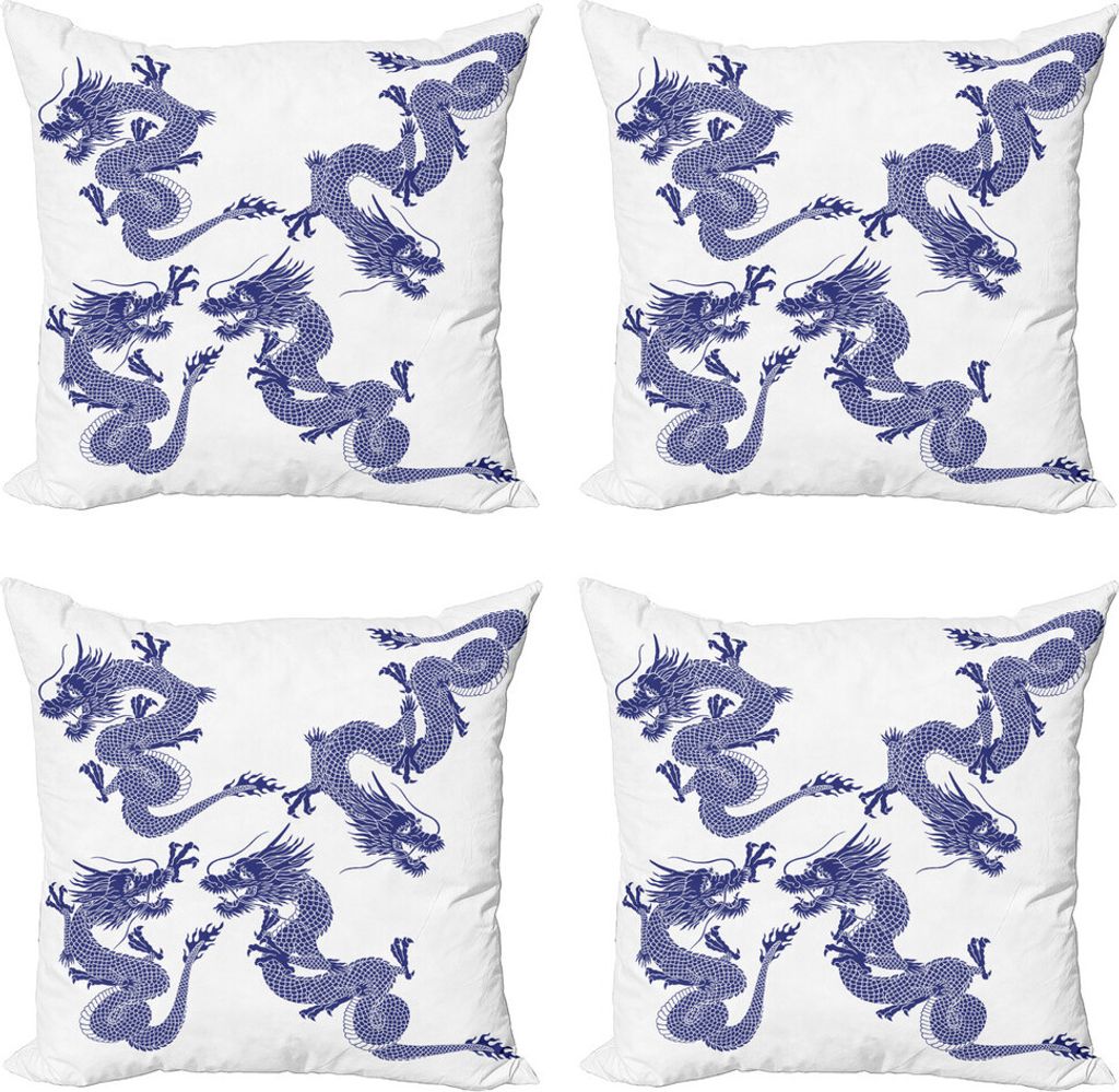 ABAKUHAUS Drachen Kissenbezug Set (4 Stück), Japanische Drachen Mythische, Moderner Doppelseitiger Digitaldruck, 50 cm x 50 cm, Blau