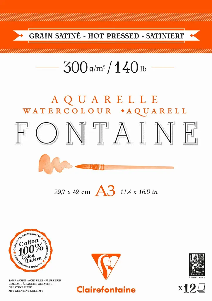 Clairefontaine Fontaine Bloc Aquarelle Satiné DIN A3 12 Feuilles 300g