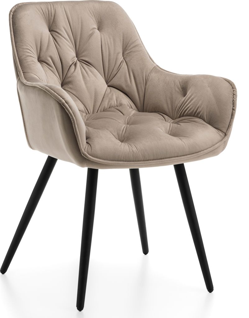 A beige upholstered chair with black legs on a white background.