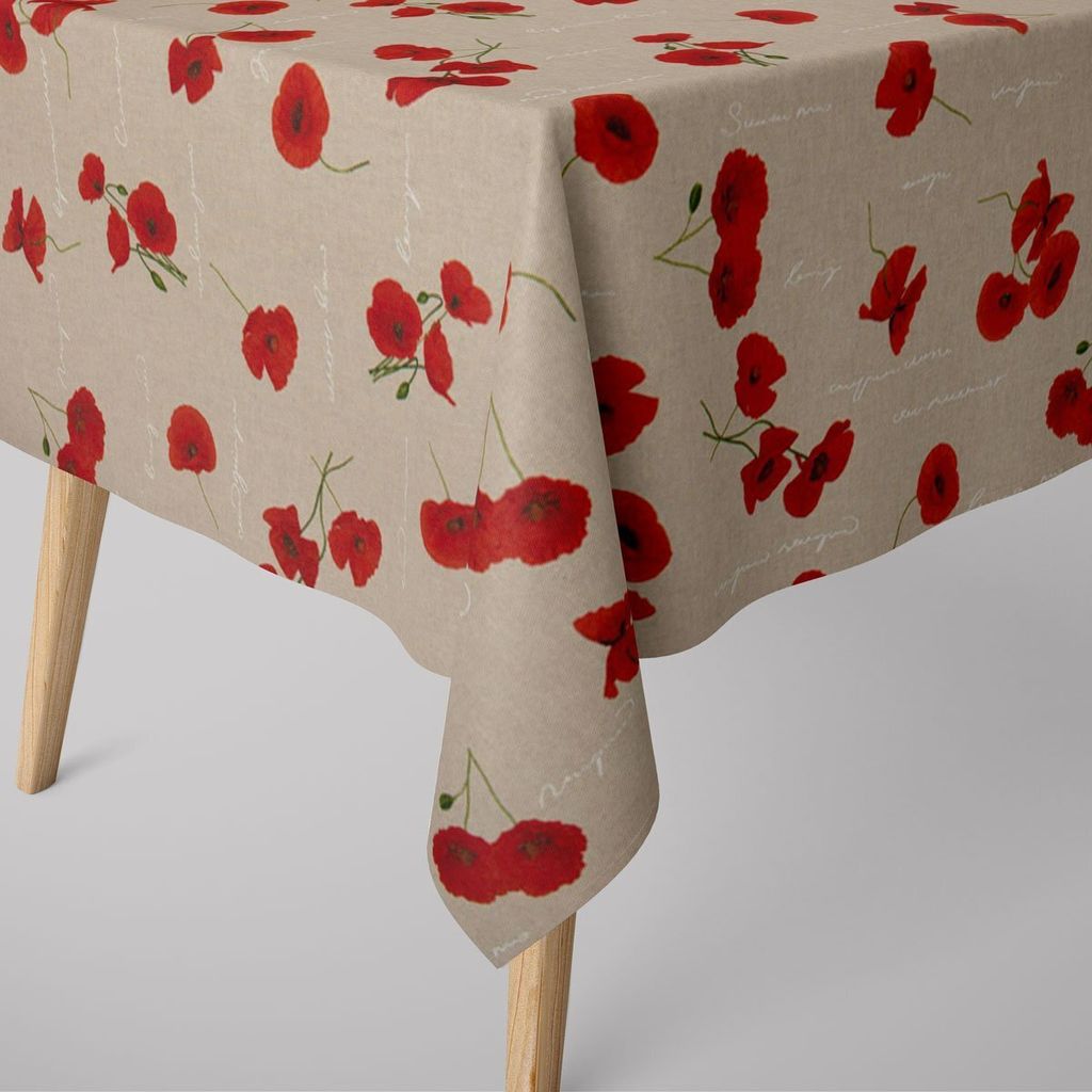 SCHÖNER LEBEN. Tischdecke Mohnblumen Schriftzug natur rot grün weiß Größe 130x160cm