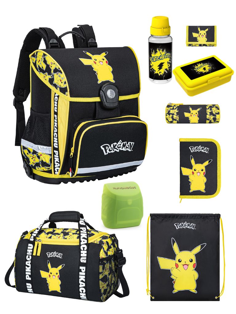 Gelber Pokemon Schulranzen mit Pikachu - Set 9-teilig mit Dose & Flasche - Pokémon Schultasche Ergonomisch, Leicht, Kompakt für 1. bis 4. Klasse