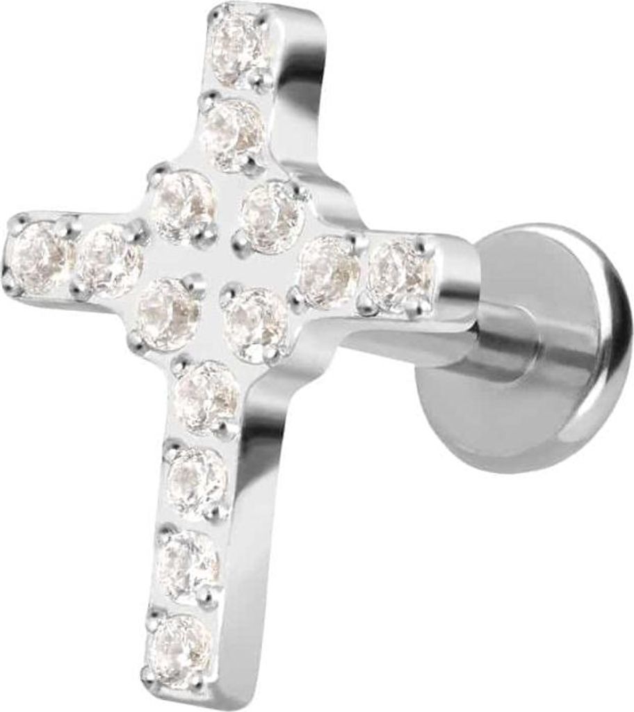 Ohrpiercing, Nasenpiercing Titan Labret mit Push Fit KRISTALLKREUZ Silber Stablänge: 10mm | Stabstärke: 1,2mm