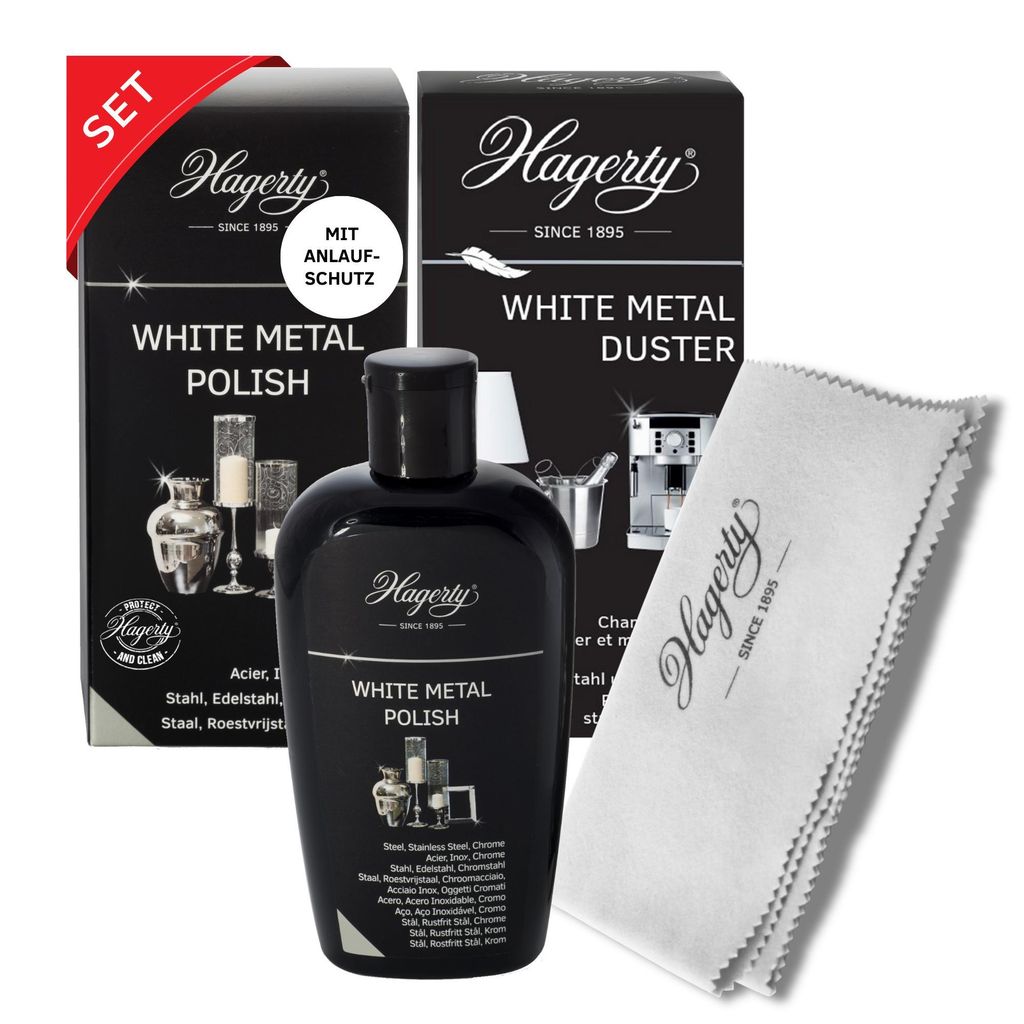 Hagerty Set White Metal Polish Edelstahlpolitur + Duster für die Reinigung von Edelstahl I Metallpolitur & Baumwoll Poliertuch für weißes Metall...