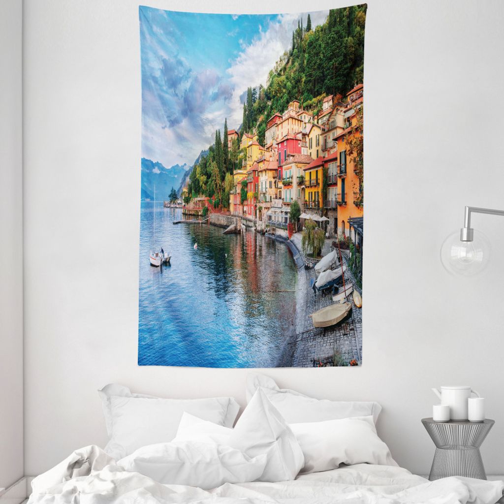 ABAKUHAUS Italien Wandteppich und Tagesdecke, Yacht Idyllische Stadt aus Weiches Mikrofaser Stoff Waschbar ohne Verblassen Digitaldruck, 140 x 230 ...