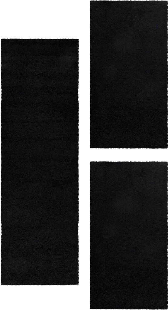 Hochflor Teppich Set Shaggy Schlafzimmer Teppich Läufer 3 Teile Schwarz, Farbe:Schwarz, Bettset:2 mal 60x110 + 1 mal 80x250