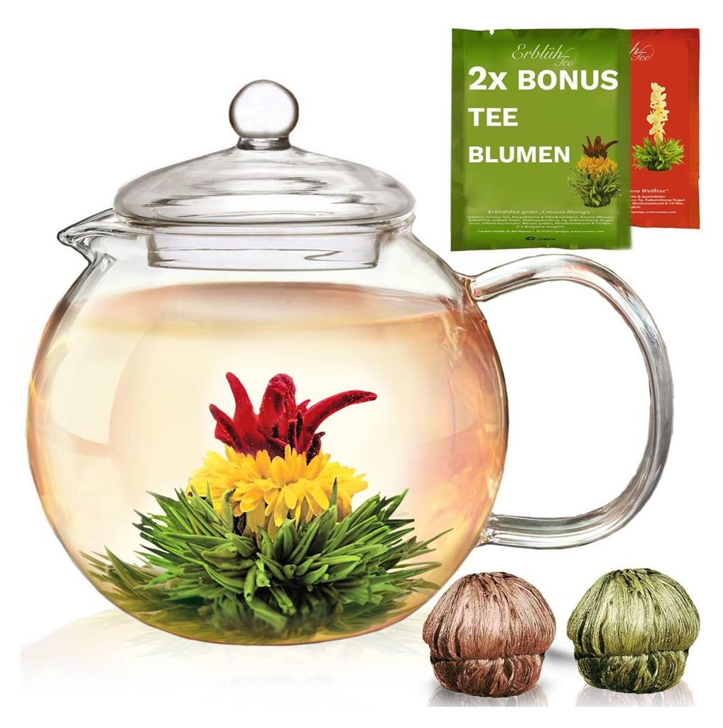 Creano Teekanne aus Glas 1,3l - inklusive 2 Teeblumen -  Produktbild 