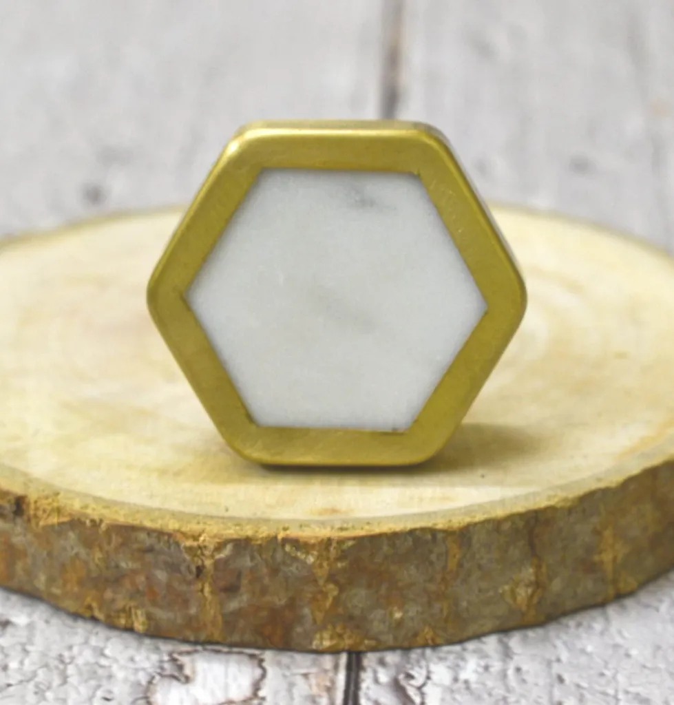Boutons de Tiroir en Marbre Gris et Blanc avec Finition Laiton Doré