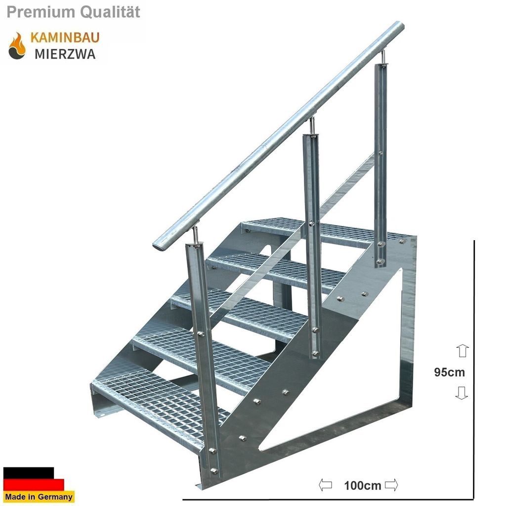 Gitterrost Stahl Freistehende Treppe 5 Stufen Verzinkt + Geländer Rechts - (L x B x H) 101cm x 80cm x 95cm