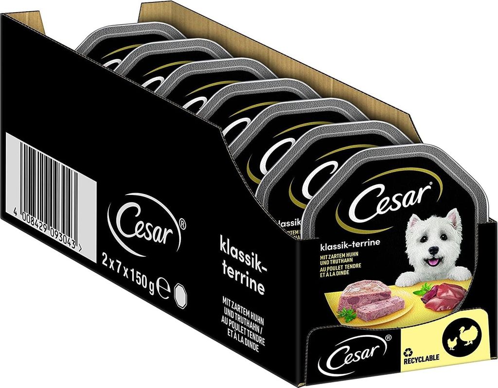Cesar Klassik-Terrine Nassfutter für ausgewachsene Hunde mit zartem Huhn und Truthahn, Schale 14 x 150g