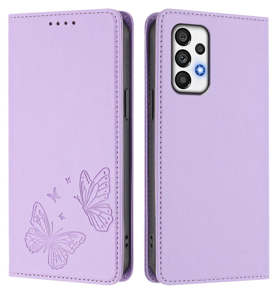 Lederhülle für Samsung Galaxy A73 5G, Schmetterling Prägung Leder Brieftasche Schutzhülle mit Ständer Violett