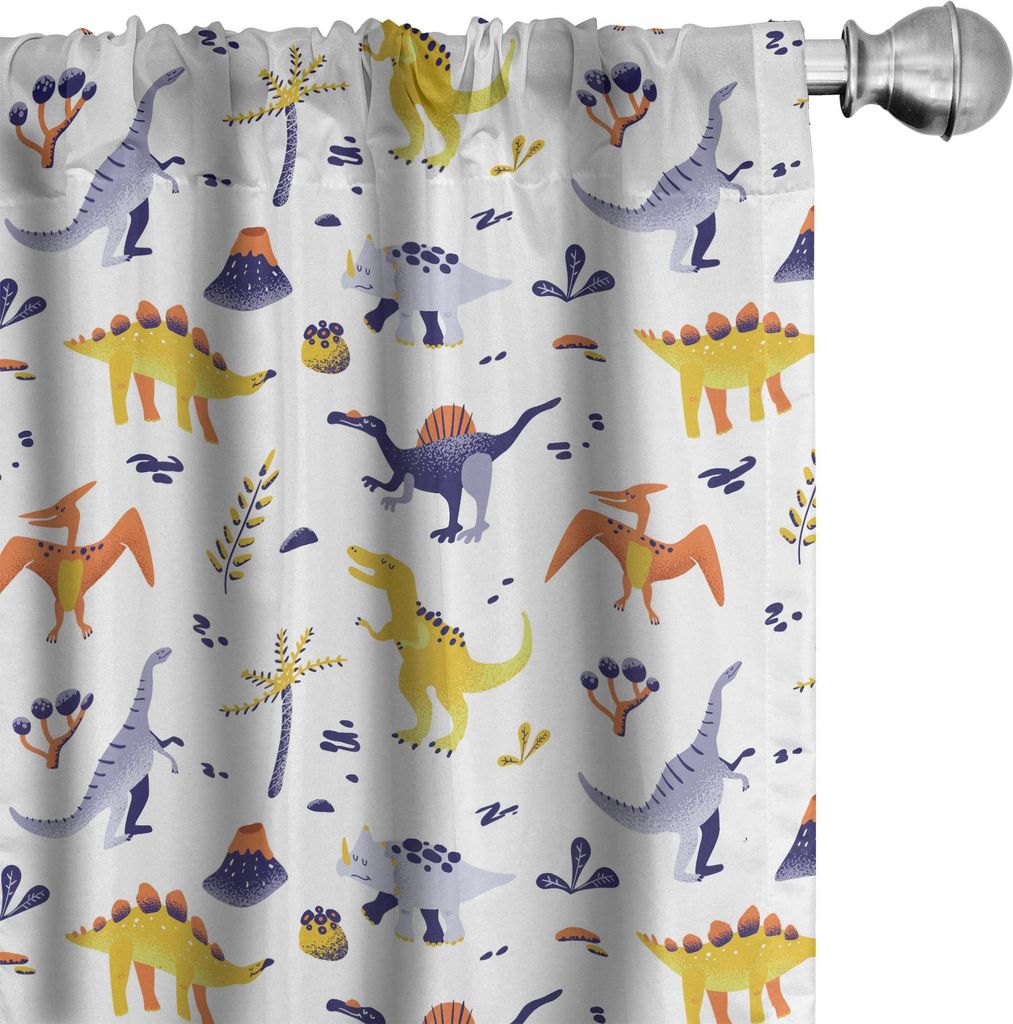 ABAKUHAUS Jurassic Vorhänge, Gardinen, Kinder Entwurf der Dinosaurier und Botanik Elemente auf einer Ebene Kulisse, 2 Stück 75 x 225 cm, Weiß Ce...