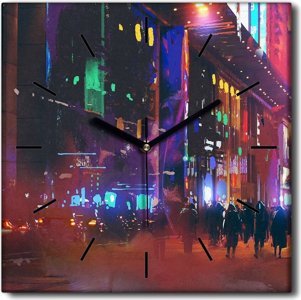 Coloray Uhr auf Leinwand 30x30 cm Wand Uhr Dekoration Wohnzimmer Segeltuch schwarze Hände -Scifi City Night.