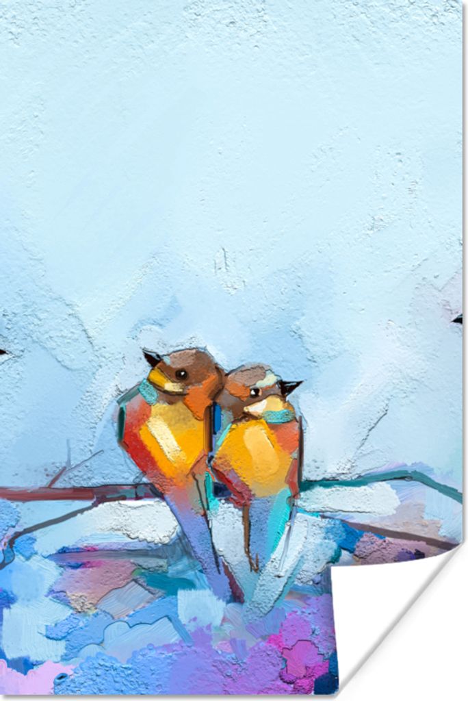 MuchoWow Poster Gemälde - Ölfarbe - Vogel - Zweig 60x90 cm - Wanddekoration