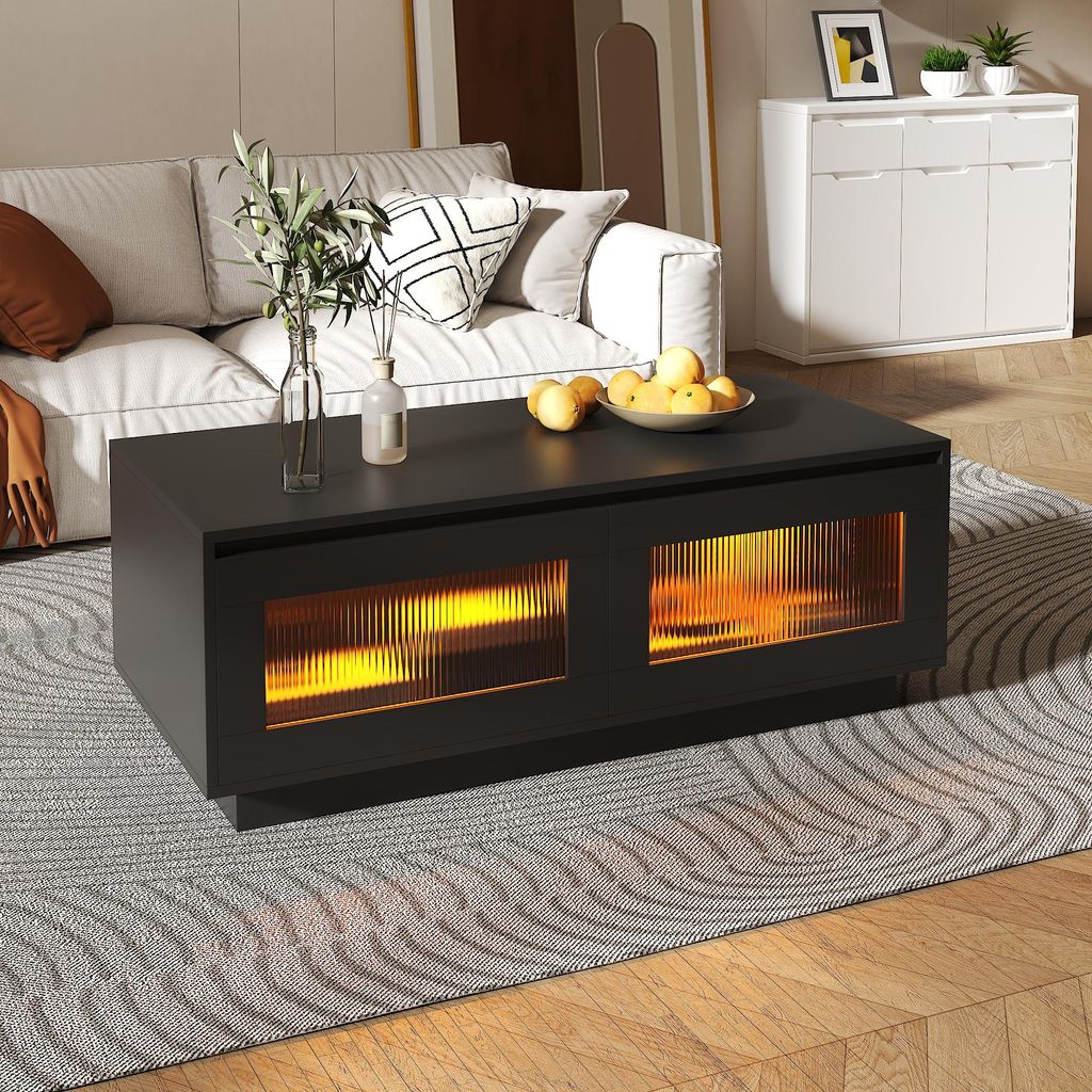 Radelldar Couchtisch LED-Beleuchtung matt, Wohnzimmertisch Sofatisch mit 2 Ablagefächern, 108x50x40cm, Schwarz