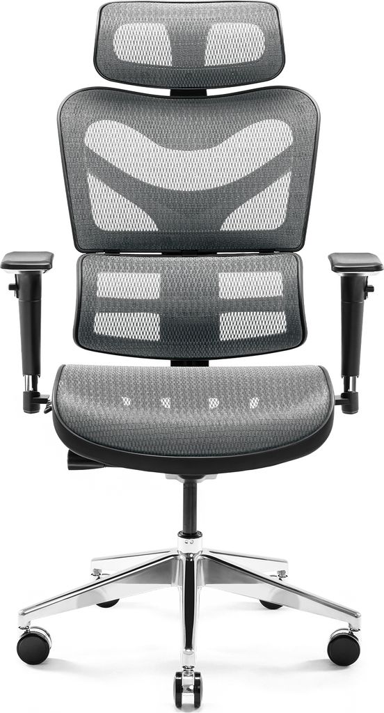 A front-facing studio shot of a modern ergonomic office chair.