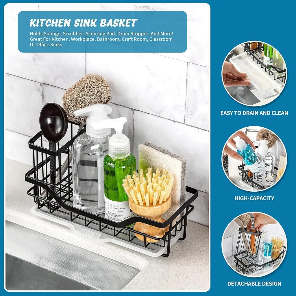 Rangement pour évier compact noir idéal pour éponges et brosses inox - 2