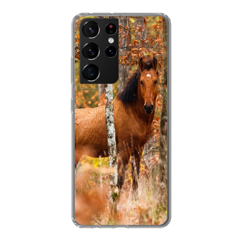MuchoWow Handyhülle Schutzhülle Hülle für Samsung Galaxy S21 Ultra Pferd - Wald - Braun Silikon Softcase Handy Hülle - Mobiltelefon