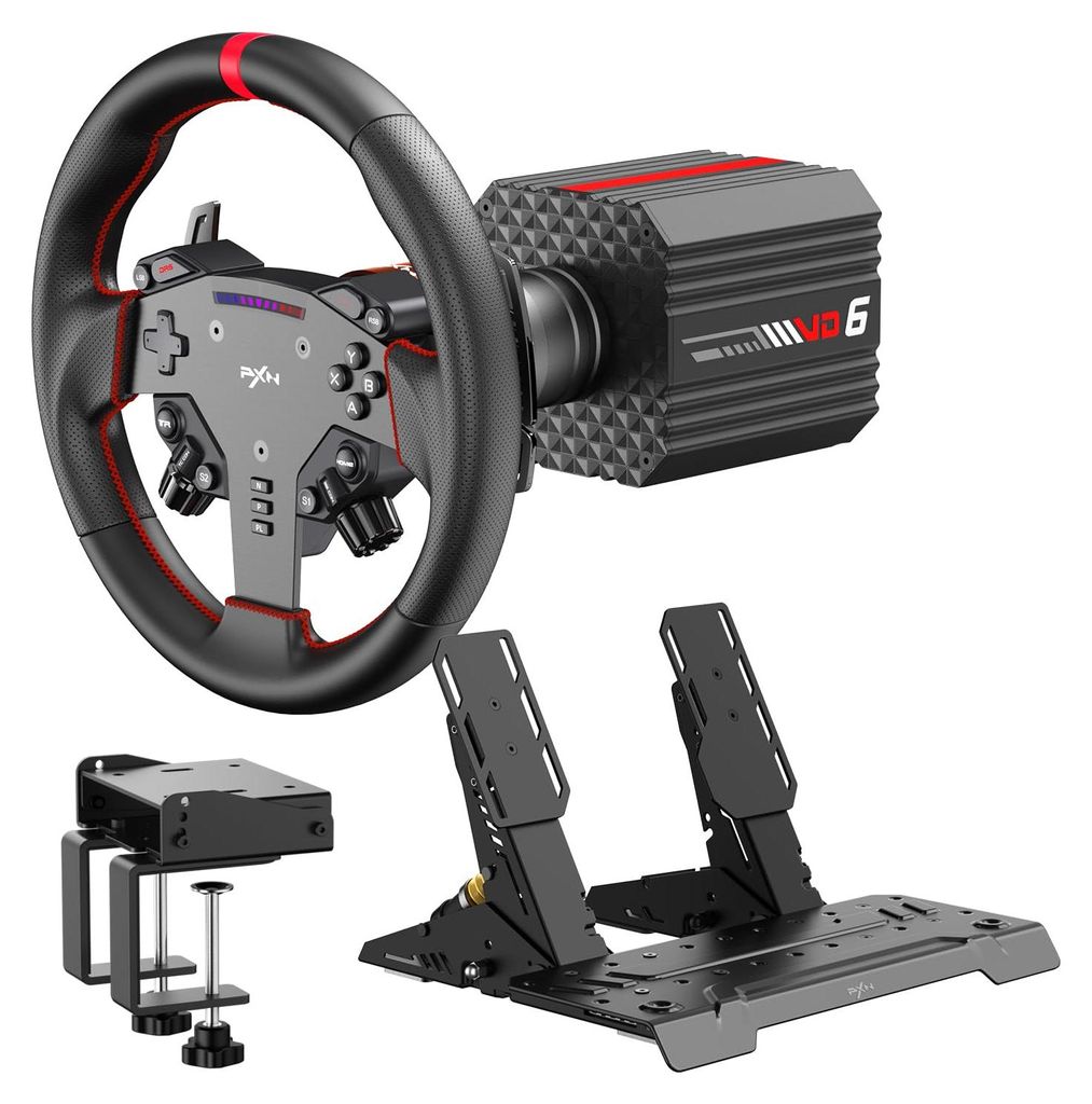 PXN VD6 Direct Drive Racing Lenkrad Set 6Nm mit Pedalen Tischklemme Servo Base Sim Racing für PC Windows 4-in-1 Bundle Schwarz